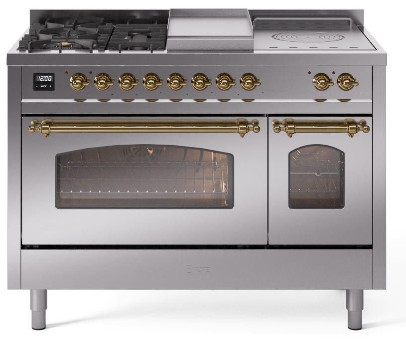 Ilve UP48FSNMPSSG Nostalgie Ii 48 Inch Dual Fuel Natural Gas Freestanding Range In Stainless Steel With Brass Trim