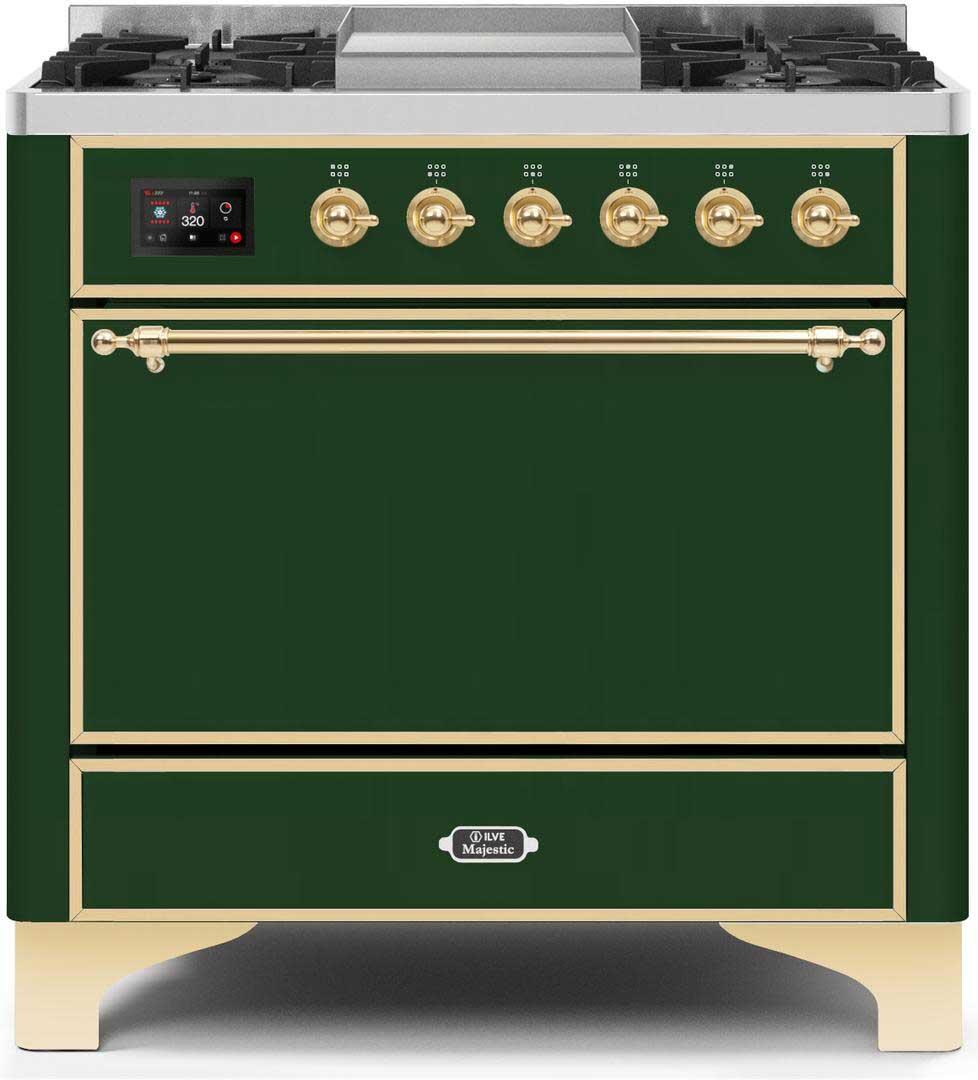 Ilve UM09FDQNS3EGG Majestic Ii 36 Inch Dual Fuel Natural Gas Freestanding Range In Emerald Green With Brass Trim