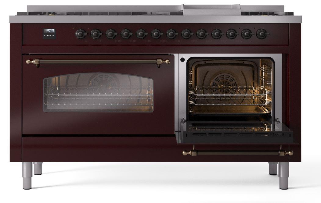 Ilve UP60FNMPBUBLP Nostalgie Ii 60 Inch Dual Fuel Liquid Propane Freestanding Range In Burgundy With Bronze Trim