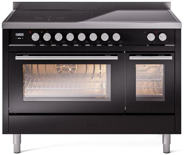 Ilve UPI486WMPBK Professional Plus Ii 48 Inch Electric Freestanding Range In Glossy Black With Trim