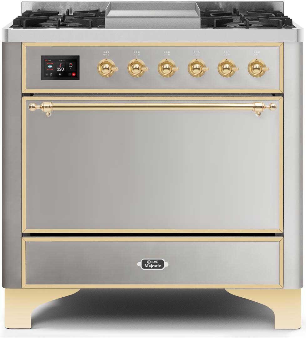 Ilve UM09FDQNS3SSGLP Majestic Ii 36 Inch Dual Fuel Liquid Propane Freestanding Range In Stainless Steel With Brass Trim