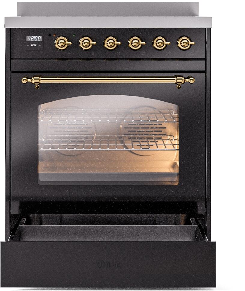 Ilve UPI304NMPBKG Nostalgie Ii 30 Inch Electric Freestanding Range In Glossy Black With Brass Trim