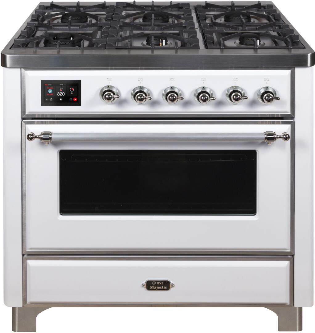 Ilve UM09FDNS3WHCLP Majestic Ii 36 Inch Dual Fuel Liquid Propane Freestanding Range In White With Chrome Trim