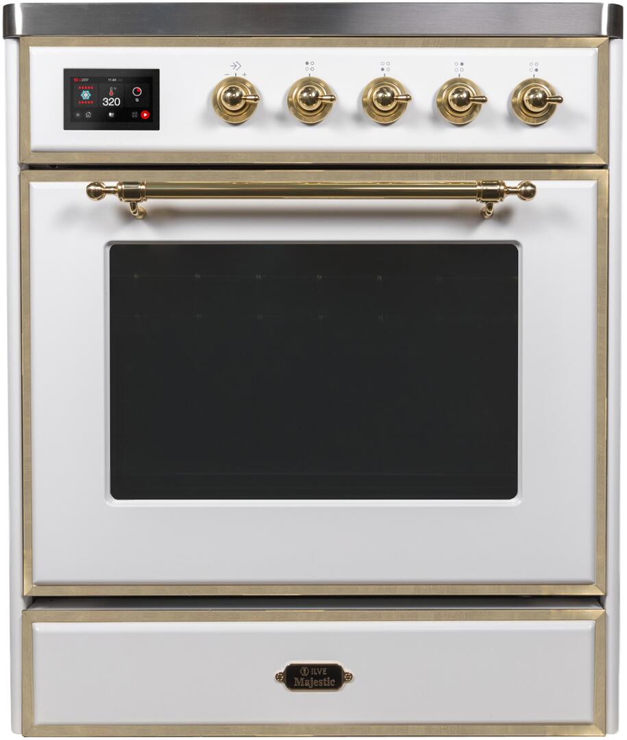 Ilve UMI30NE3WHG Majestic Ii 30 Inch Electric Freestanding Range In White With Brass Trim