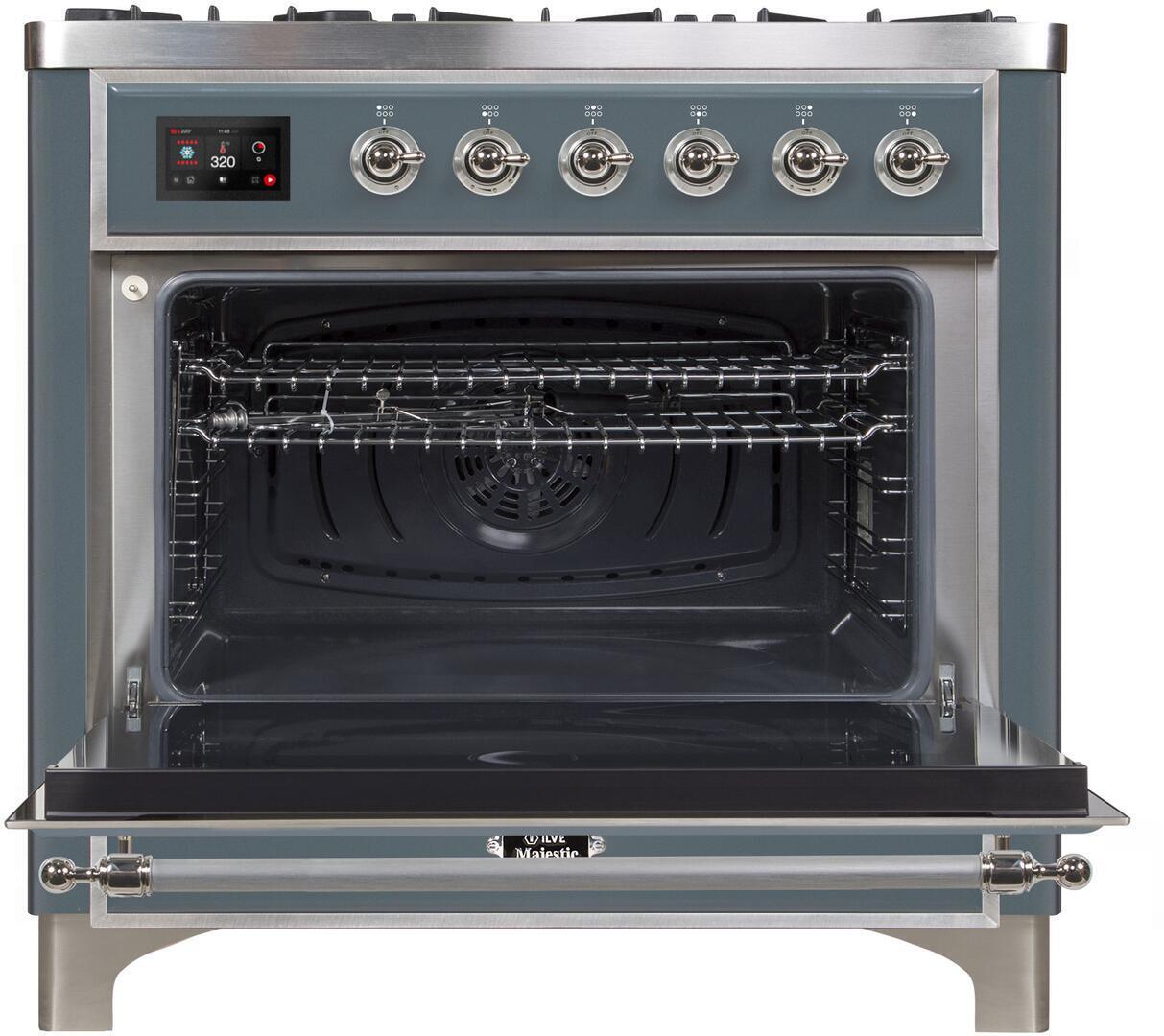 Ilve UM09FDNS3BGCLP Majestic Ii 36 Inch Dual Fuel Liquid Propane Freestanding Range In Blue Grey With Chrome Trim