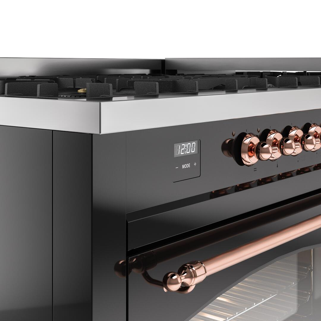 Ilve UP60FNMPBKP Nostalgie Ii 60 Inch Dual Fuel Natural Gas Freestanding Range In Glossy Black With Copper Trim