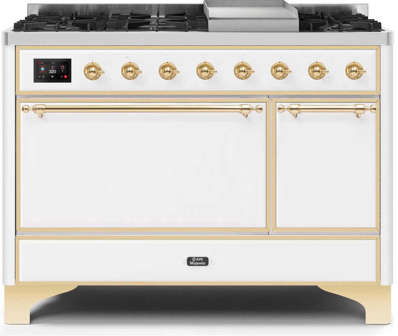 Ilve UM12FDQNS3WHG Majestic Ii 48 Inch Dual Fuel Natural Gas Freestanding Range In White With Brass Trim