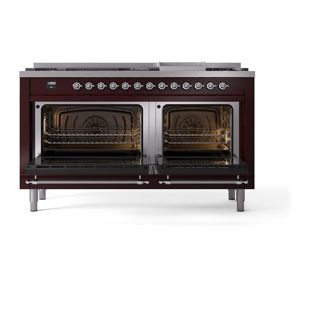 Ilve UN60FNMPBUC Ilve Un60Fnmpbuc Nostalgie Ii Noblesse 60" Dual Fuel Range (9 Sealed Burners + Griddle, Natural Gas, Triple Glass Door, Burgundy, Chrome)