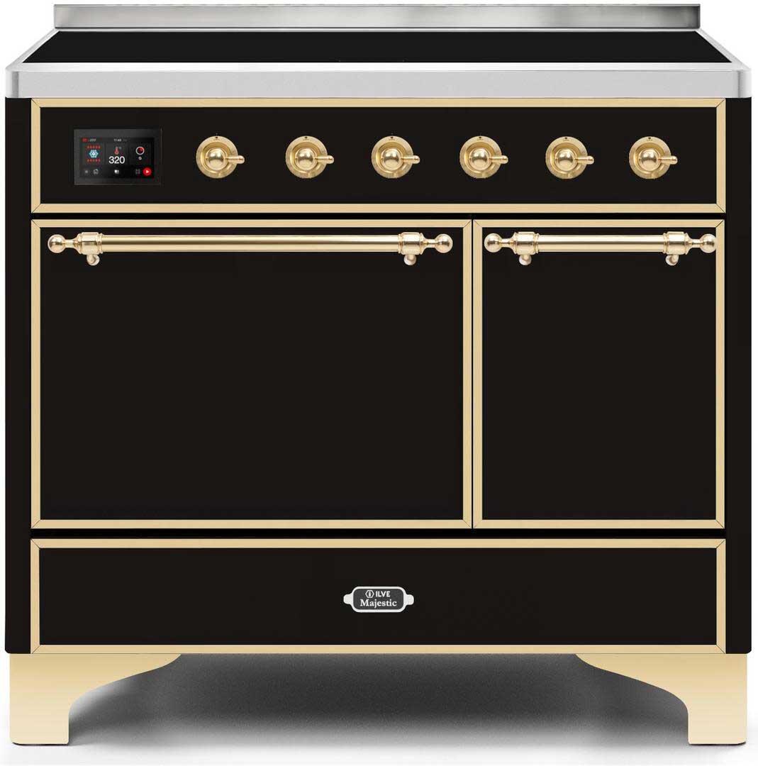 Ilve UMDI10QNS3BKG Majestic Ii 40 Inch Electric Freestanding Range In Glossy Black With Brass Trim