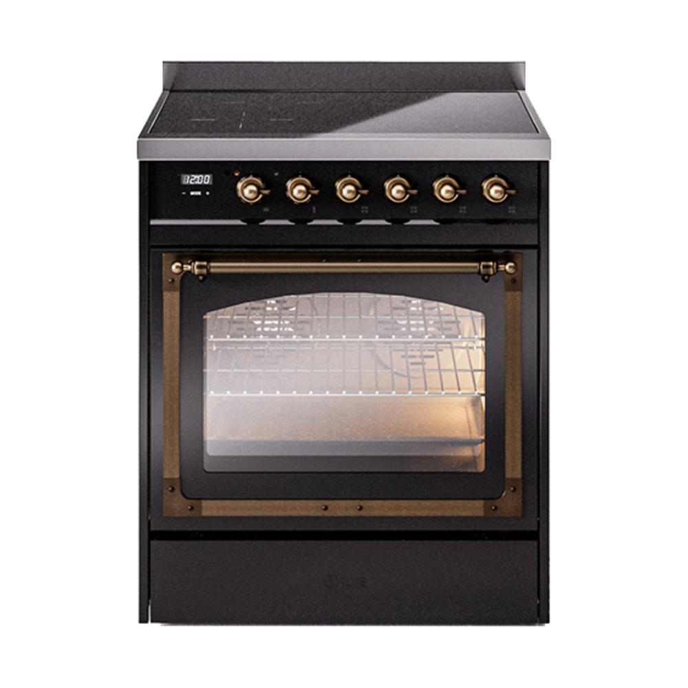 Ilve UNI304NMPBKB Ilve Uni304Nmpbkb Nostalgie Ii Noblesse 30" Induction Range (Triple Glass Door, Glossy Black, Burnished)