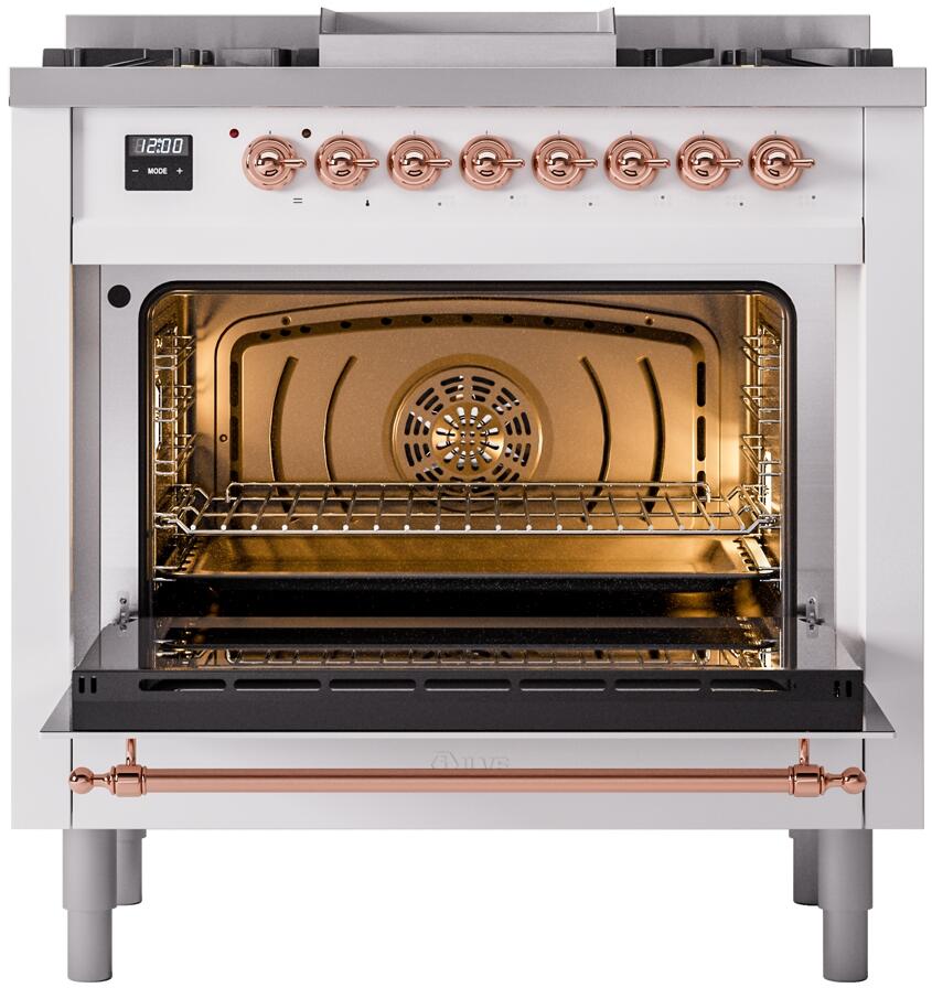 Ilve UP36FNMPWHPLP Nostalgie Ii 36 Inch Dual Fuel Liquid Propane Freestanding Range In White With Copper Trim