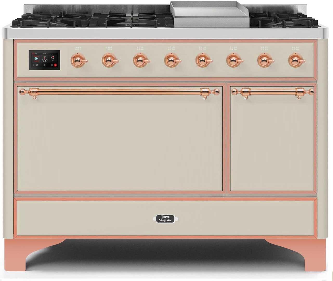 Ilve UM12FDQNS3AWP Majestic Ii 48 Inch Dual Fuel Natural Gas Freestanding Range In Antique White With Copper Trim