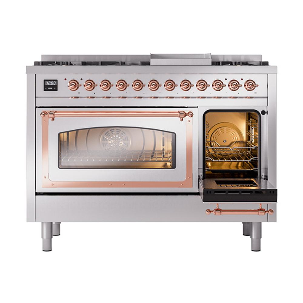 Ilve UN48FNMPSSPLP Ilve Un48Fnmpssplp Nostalgie Ii Noblesse 48" Dual Fuel Range (8 Sealed Burners + Griddle, Liquid Propane, Triple Glass Door, Stainless Steel, Copper)