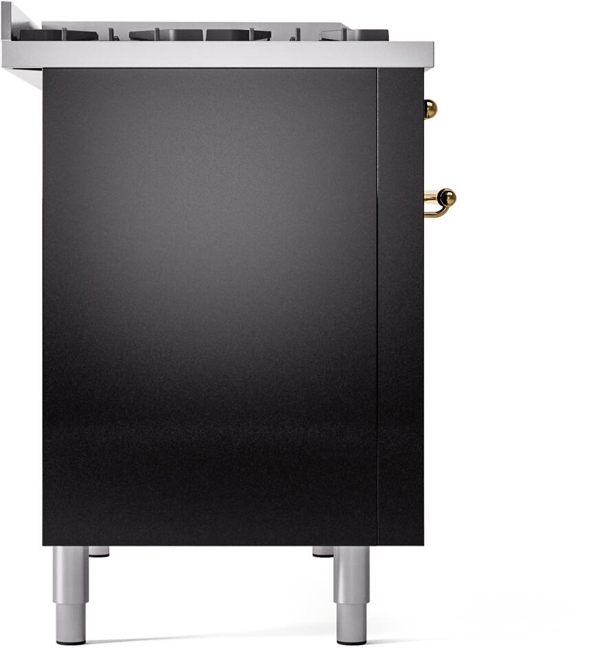 Ilve UP48FNMPBKG Nostalgie Ii 48 Inch Dual Fuel Natural Gas Freestanding Range In Glossy Black With Brass Trim