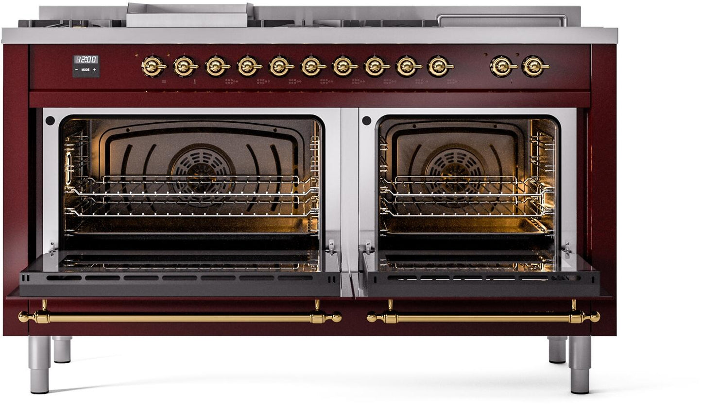 Ilve UP60FSNMPBUGLP Nostalgie Ii 60 Inch Dual Fuel Liquid Propane Freestanding Range In Burgundy With Brass Trim