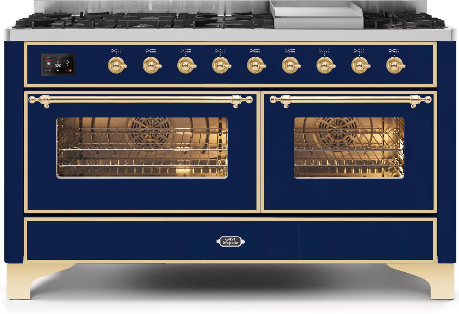 Ilve UM15FDNS3MBGLP Majestic Ii 60 Inch Dual Fuel Liquid Propane Freestanding Range In Blue With Brass Trim