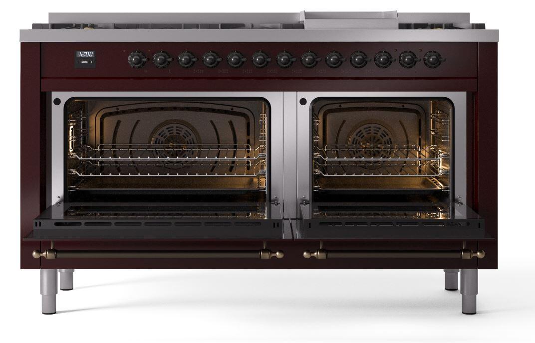 Ilve UP60FNMPBUBLP Nostalgie Ii 60 Inch Dual Fuel Liquid Propane Freestanding Range In Burgundy With Bronze Trim