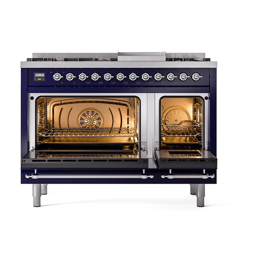 Ilve UN48FNMPMBCLP Ilve Un48Fnmpmbclp Nostalgie Ii Noblesse 48" Dual Fuel Range (8 Sealed Burners + Griddle, Liquid Propane, Triple Glass Door, Midnight Blue, Chrome)