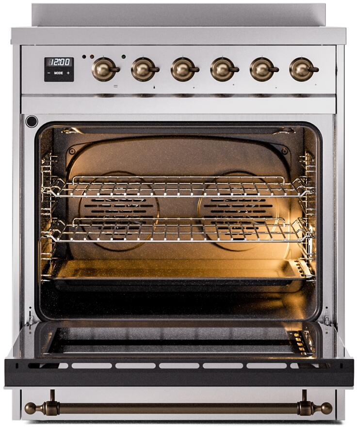 Ilve UPI304NMPSSB Nostalgie Ii 30 Inch Electric Freestanding Range In Stainless Steel With Bronze Trim