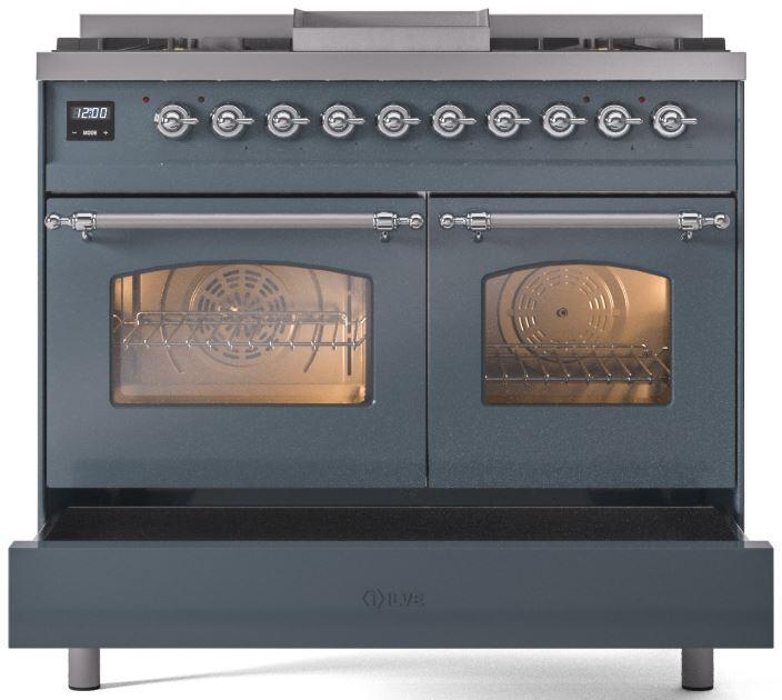 Ilve UPD40FNMPBGCLP Nostalgie Ii 40 Inch Dual Fuel Liquid Propane Freestanding Range In Blue Grey With Chrome Trim