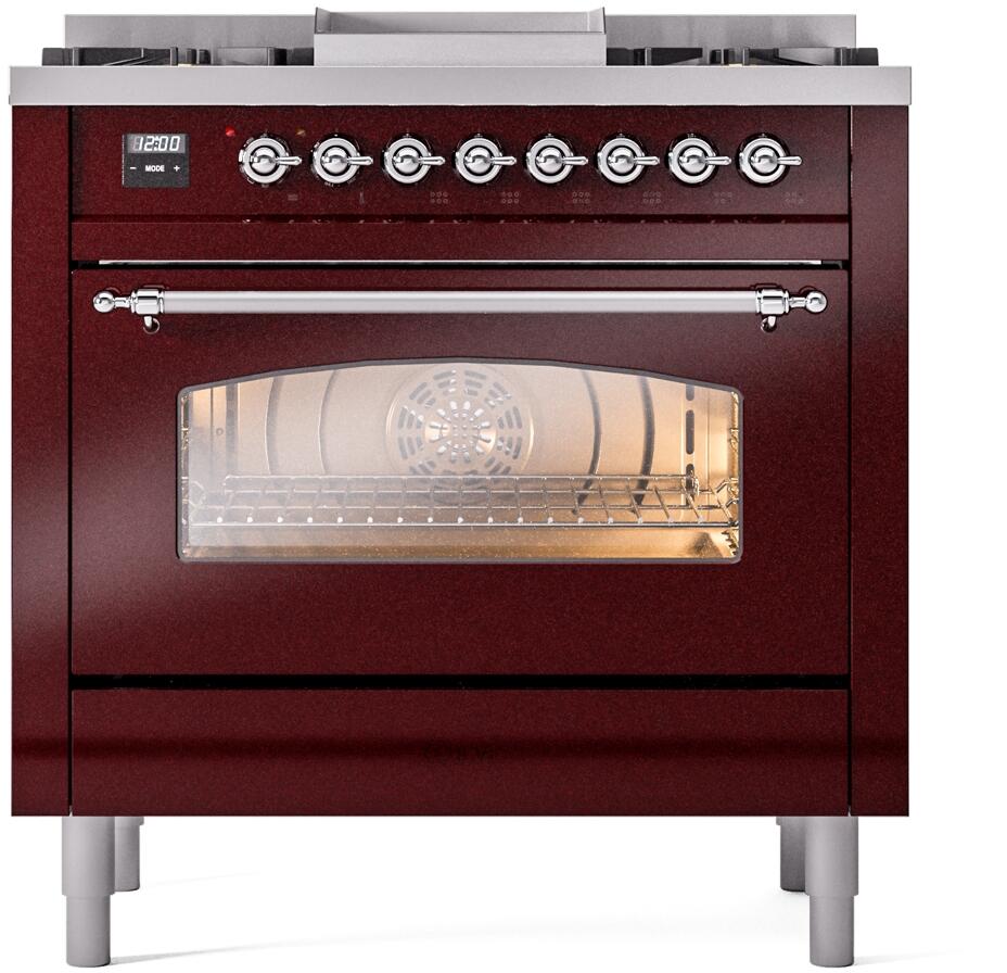 Ilve UP36FNMPBUC Nostalgie Ii 36 Inch Dual Fuel Natural Gas Freestanding Range In Burgundy With Chrome Trim