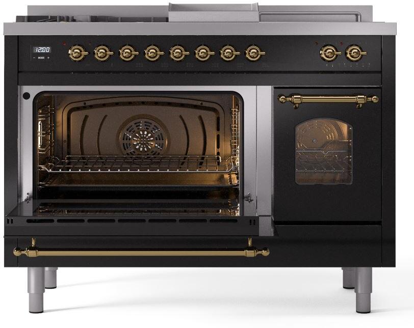 Ilve UP48FSNMPBKG Nostalgie Ii 48 Inch Dual Fuel Natural Gas Freestanding Range In Glossy Black With Brass Trim