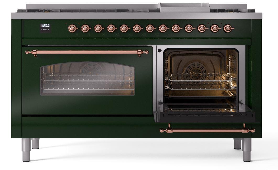 Ilve UP60FNMPEGPLP Nostalgie Ii 60 Inch Dual Fuel Liquid Propane Freestanding Range In Emerald Green With Copper Trim