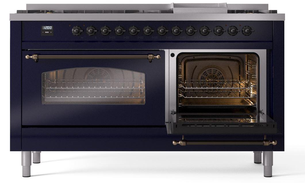 Ilve UP60FNMPMBBLP Nostalgie Ii 60 Inch Dual Fuel Liquid Propane Freestanding Range In Blue With Bronze Trim