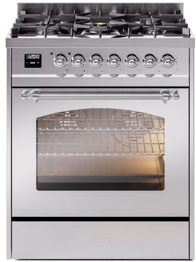 Ilve UP30NMPSSC Nostalgie Ii 30 Inch Dual Fuel Natural Gas Freestanding Range In Stainless Steel With Chrome Trim