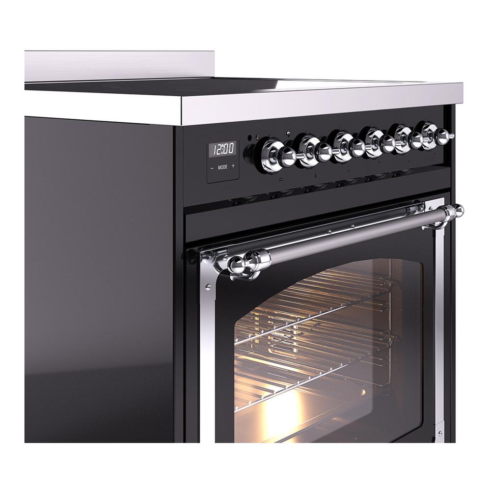 Ilve UNI304NMPBKC Ilve Uni304Nmpbkc Nostalgie Ii Noblesse 30" Induction Range (Triple Glass Door, Glossy Black, Chrome)