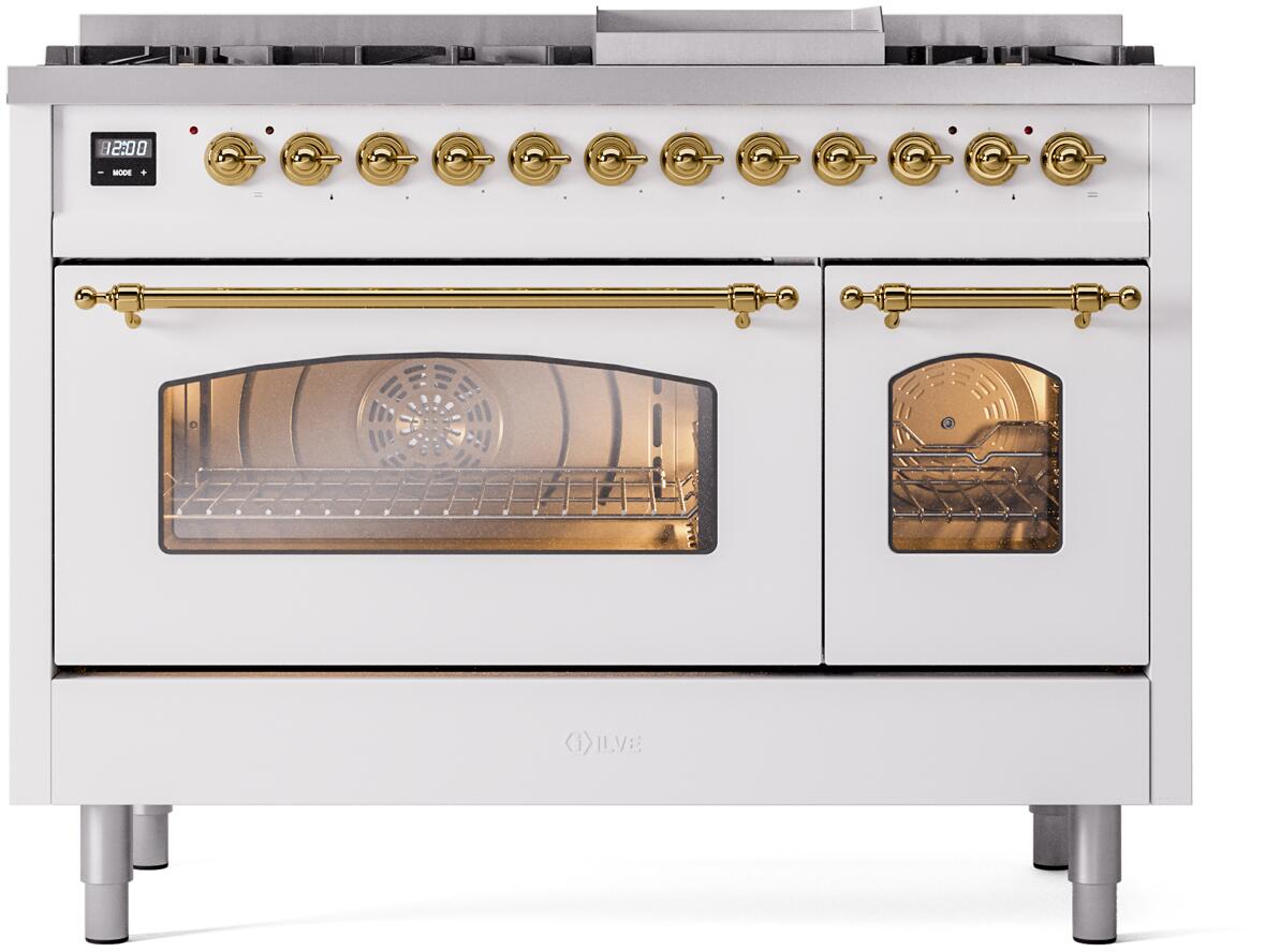 Ilve UP48FNMPWHG Nostalgie Ii 48 Inch Dual Fuel Natural Gas Freestanding Range In White With Brass Trim