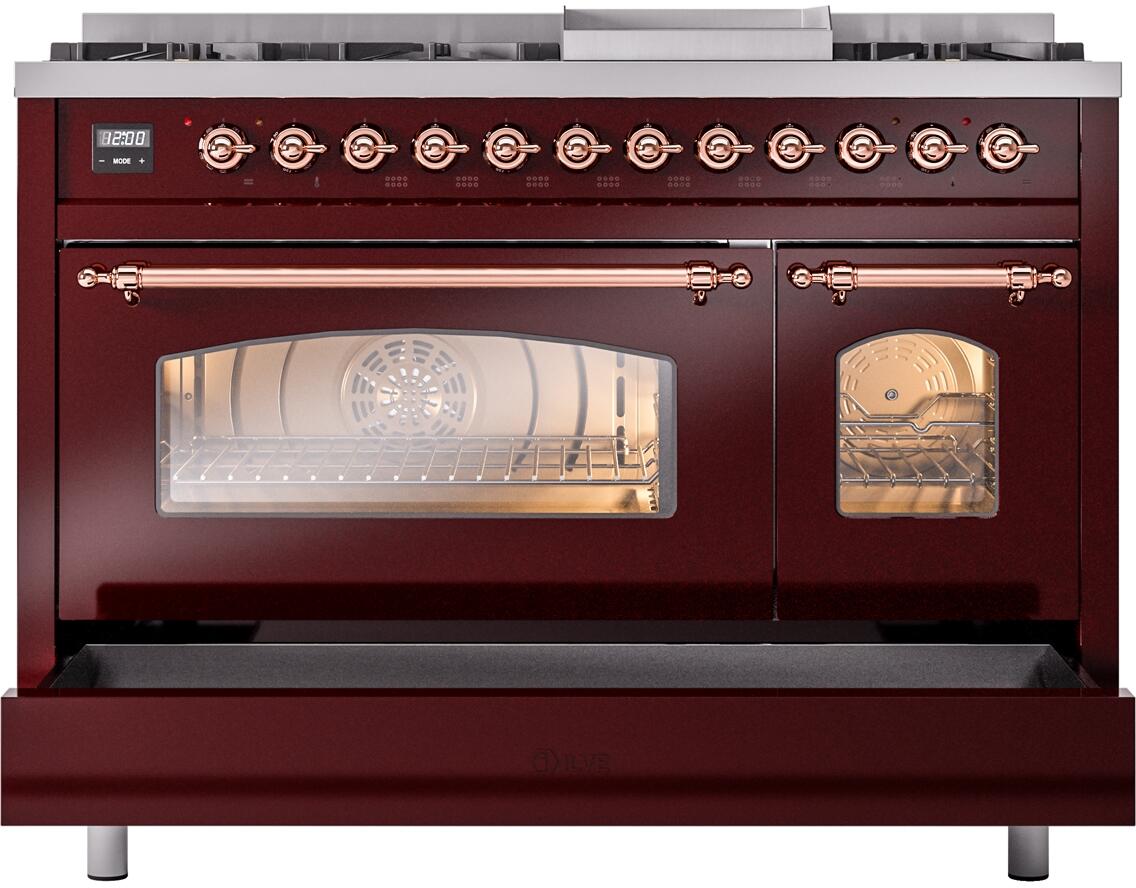 Ilve UP48FNMPBUPLP Nostalgie Ii 48 Inch Dual Fuel Liquid Propane Freestanding Range In Burgundy With Copper Trim