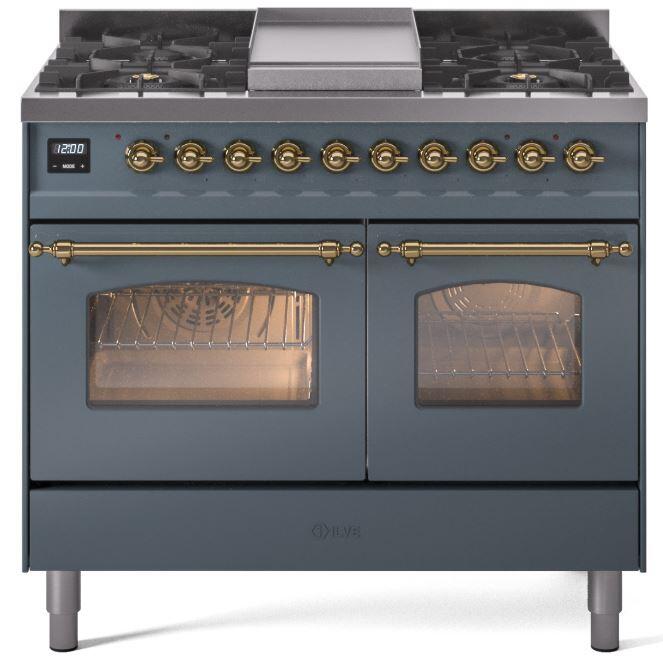 Ilve UPD40FNMPBGG Nostalgie Ii 40 Inch Dual Fuel Natural Gas Freestanding Range In Blue Grey With Brass Trim