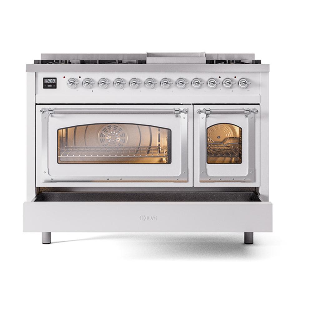 Ilve UN48FNMPRACLP Ilve Un48Fnmpraclp Nostalgie Ii Noblesse 48" Dual Fuel Range (8 Sealed Burners + Griddle, Liquid Propane, Triple Glass Door, Ral, Chrome)