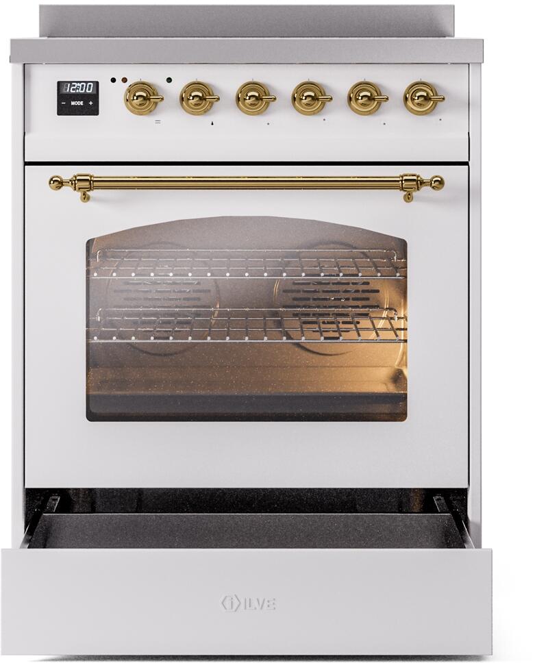 Ilve UPI304NMPWHG Nostalgie Ii 30 Inch Electric Freestanding Range In White With Brass Trim