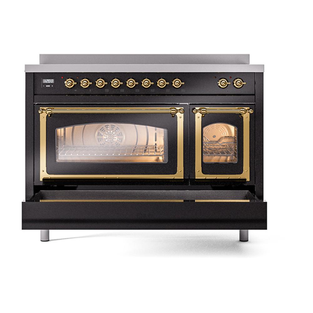 Ilve UNI486NMPBKG Ilve Uni486Nmpbkg Nostalgie Ii Noblesse 48" Induction Range (Triple Glass Door, Glossy Black, Brass)