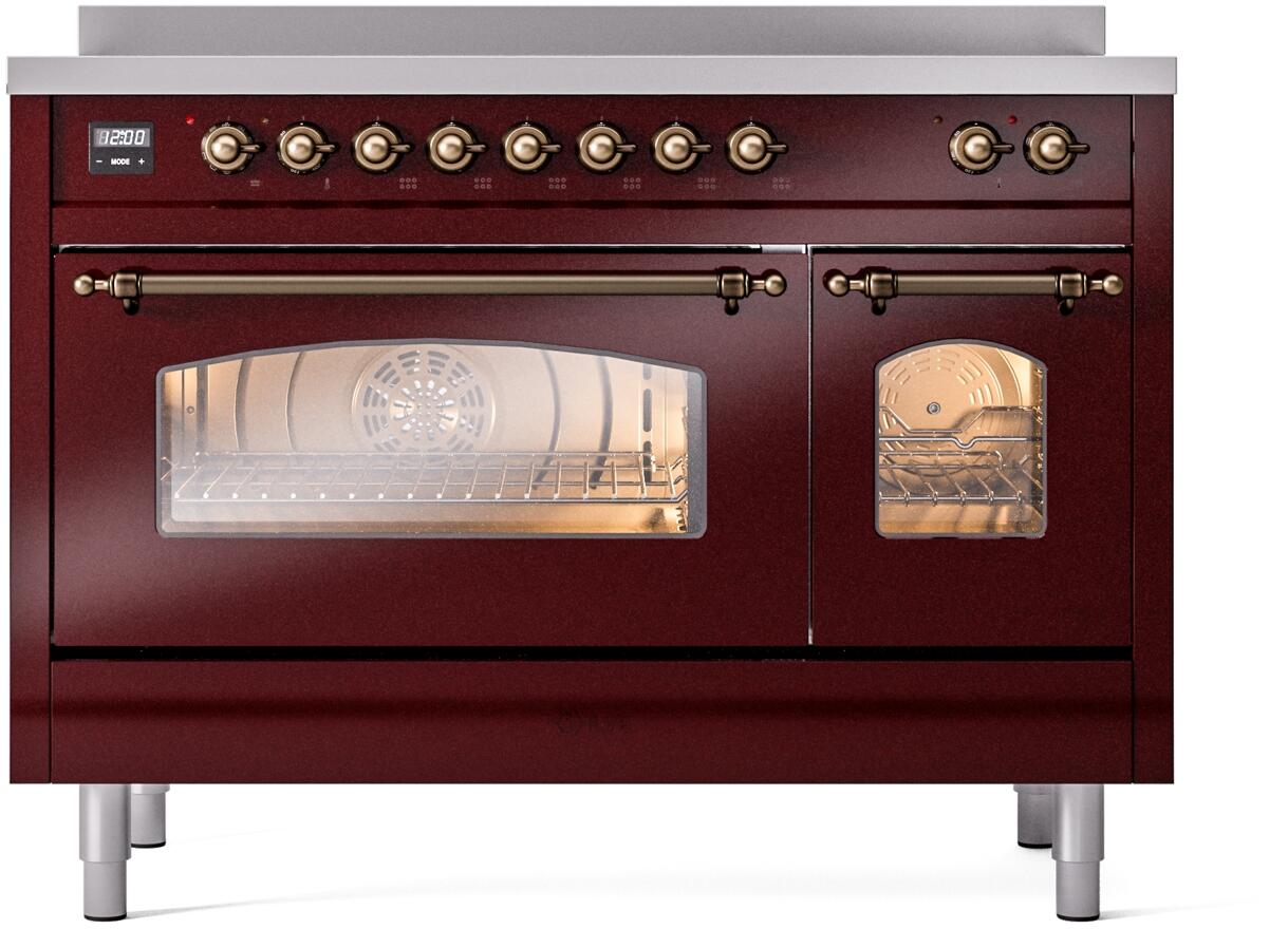 Ilve UPI486NMPBUB Nostalgie Ii 48 Inch Electric Freestanding Range In Burgundy With Bronze Trim