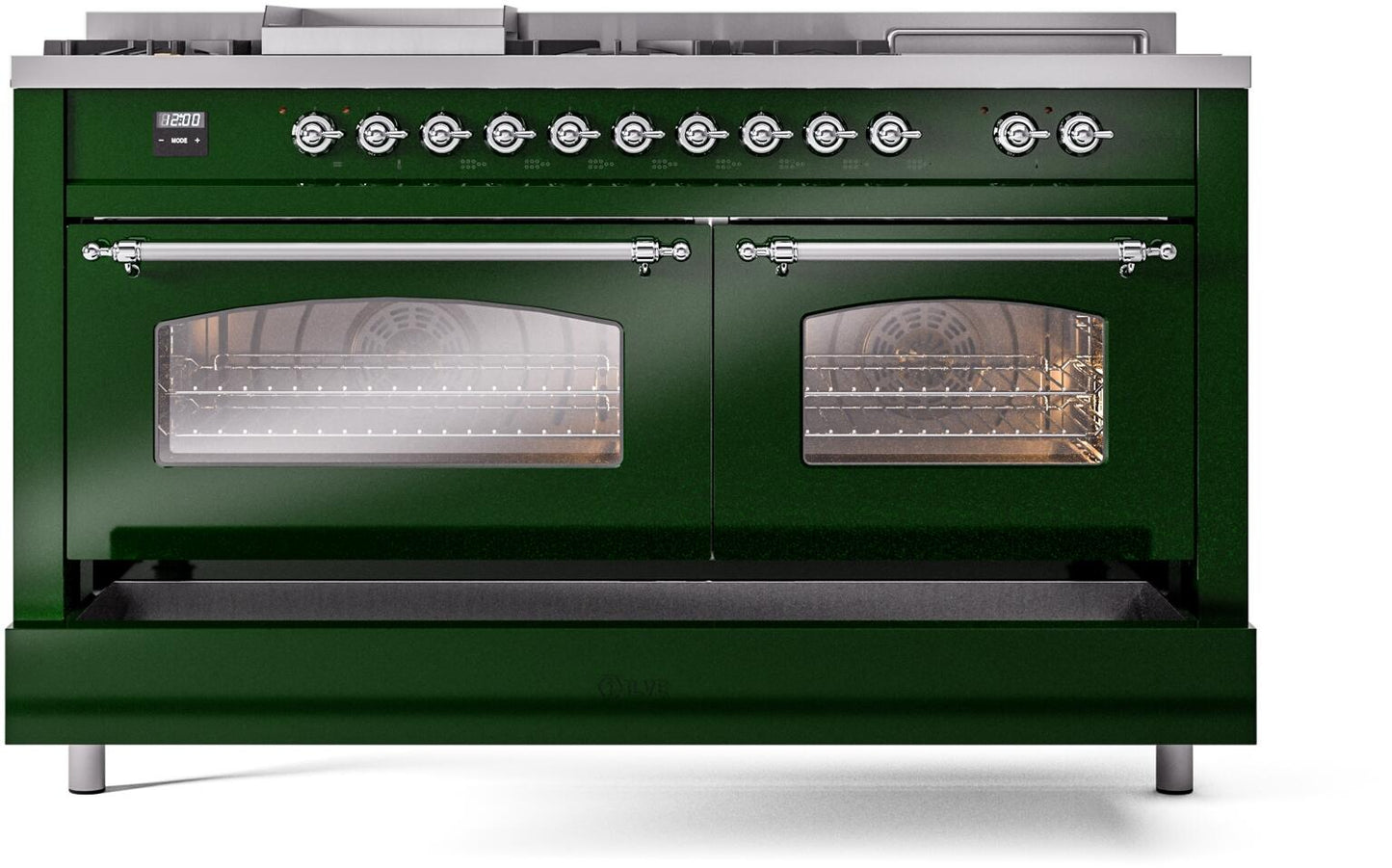 Ilve UP60FSNMPEGC Nostalgie Ii 60 Inch Dual Fuel Natural Gas Freestanding Range In Emerald Green With Chrome Trim