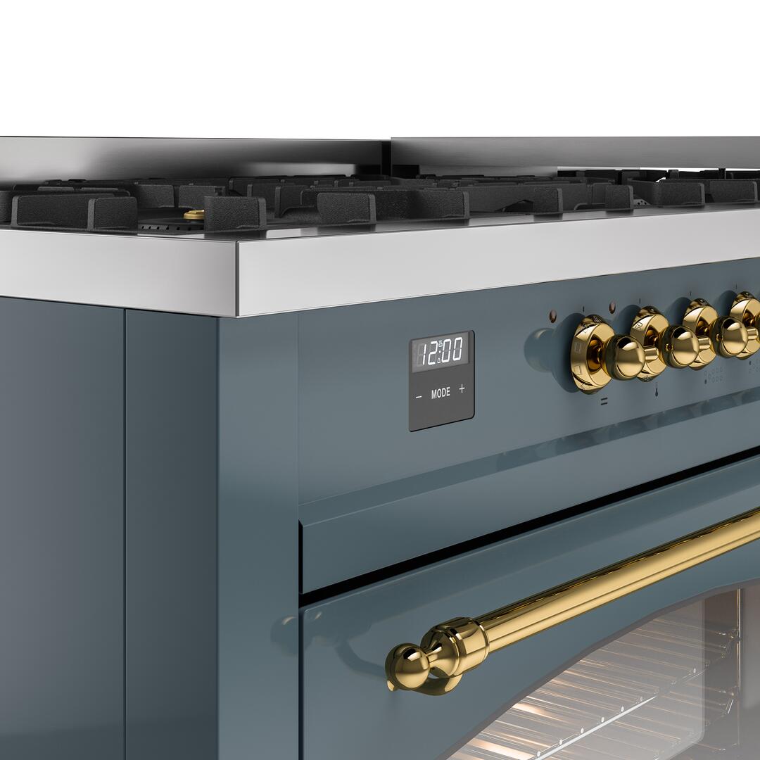 Ilve UP60FNMPBGG Nostalgie Ii 60 Inch Dual Fuel Natural Gas Freestanding Range In Blue Grey With Brass Trim