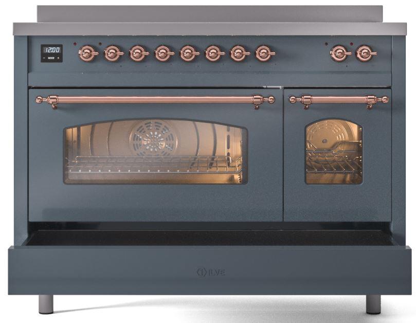 Ilve UPI486NMPBGP Nostalgie Ii 48 Inch Electric Freestanding Range In Blue Grey With Copper Trim