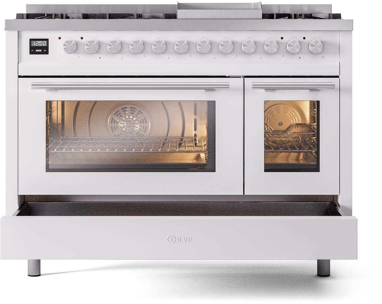 Ilve UP48FWMPWHLP Professional Plus Ii 48 Inch Dual Fuel Liquid Propane Freestanding Range In White With Trim