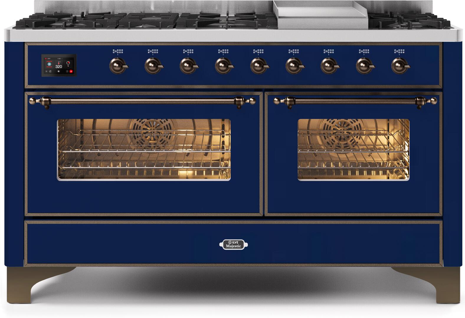 Ilve UM15FDNS3MBB Majestic Ii 60 Inch Dual Fuel Natural Gas Freestanding Range In Blue With Bronze Trim