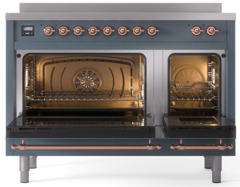 Ilve UPI486NMPBGP Nostalgie Ii 48 Inch Electric Freestanding Range In Blue Grey With Copper Trim