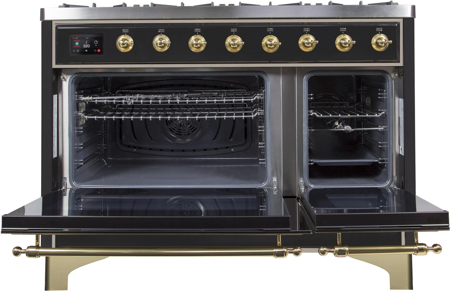 Ilve UM12FDNS3BKGLP Majestic Ii 48 Inch Dual Fuel Liquid Propane Freestanding Range In Glossy Black With Brass Trim