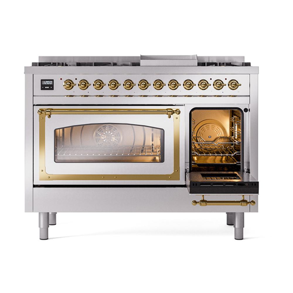 Ilve UN48FNMPSSG Ilve Un48Fnmpssg Nostalgie Ii Noblesse 48" Dual Fuel Range (8 Sealed Burners + Griddle, Natural Gas, Triple Glass Door, Stainless Steel, Brass)