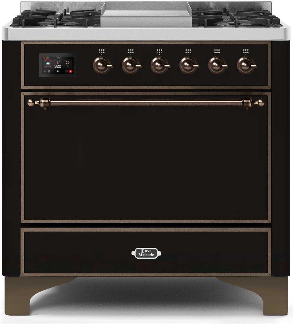 Ilve UM09FDQNS3BKB Majestic Ii 36 Inch Dual Fuel Natural Gas Freestanding Range In Glossy Black With Bronze Trim