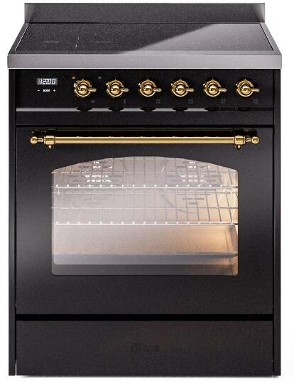 Ilve UPI304NMPBKG Nostalgie Ii 30 Inch Electric Freestanding Range In Glossy Black With Brass Trim