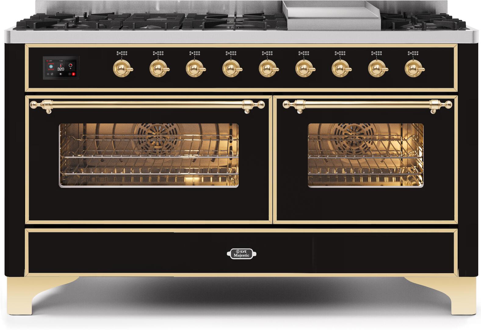 Ilve UM15FDNS3BKG Majestic Ii 60 Inch Dual Fuel Natural Gas Freestanding Range In Glossy Black With Brass Trim