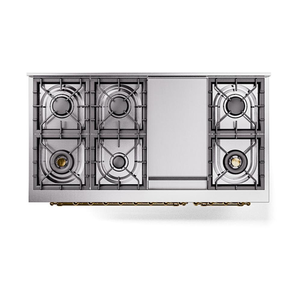 Ilve UN48FNMPWHG Ilve Un48Fnmpwhg Nostalgie Ii Noblesse 48" Dual Fuel Range (8 Sealed Burners + Griddle, Natural Gas, Triple Glass Door, White, Brass)