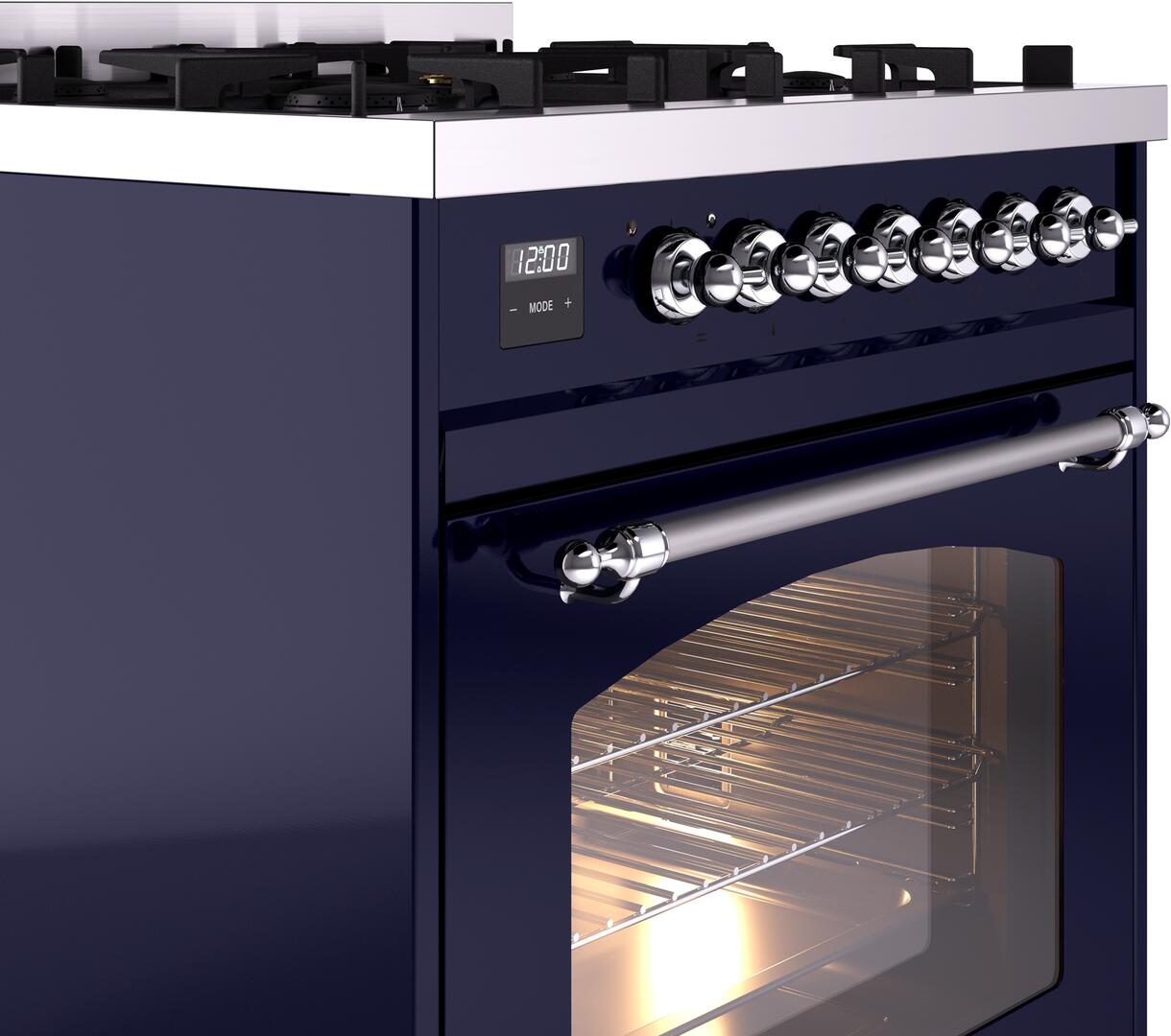 Ilve UP30NMPMBC Nostalgie Ii 30 Inch Dual Fuel Natural Gas Freestanding Range In Blue With Chrome Trim